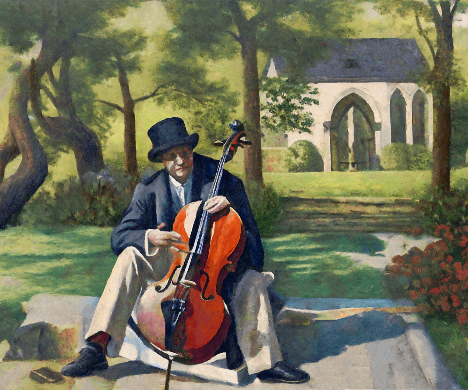 AI-generated image of a man holding a cello