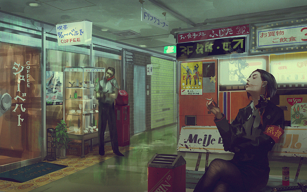 A picture of a uniformed woman smoking in an underground mall, by Rui Tomono.